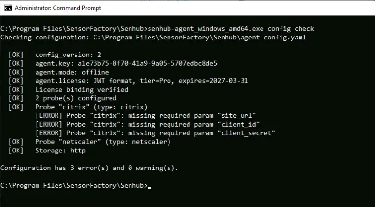 senhub-agent config check output