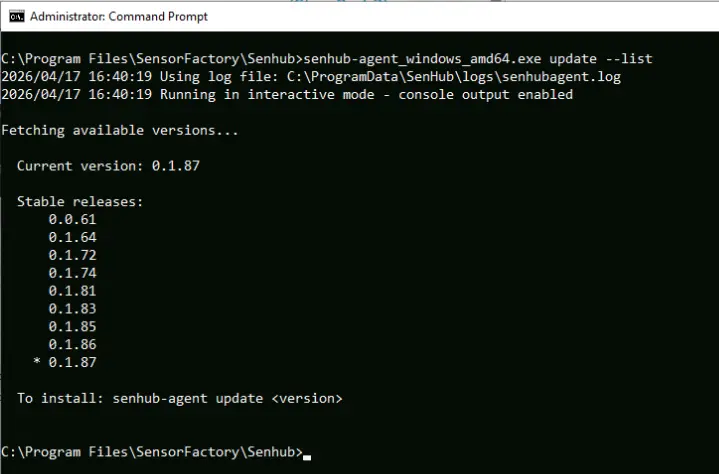 senhub-agent update &ndash;list output